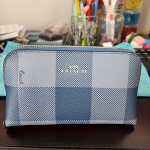 Coach Blue Plaid Leather Cosmetic Travel Bag